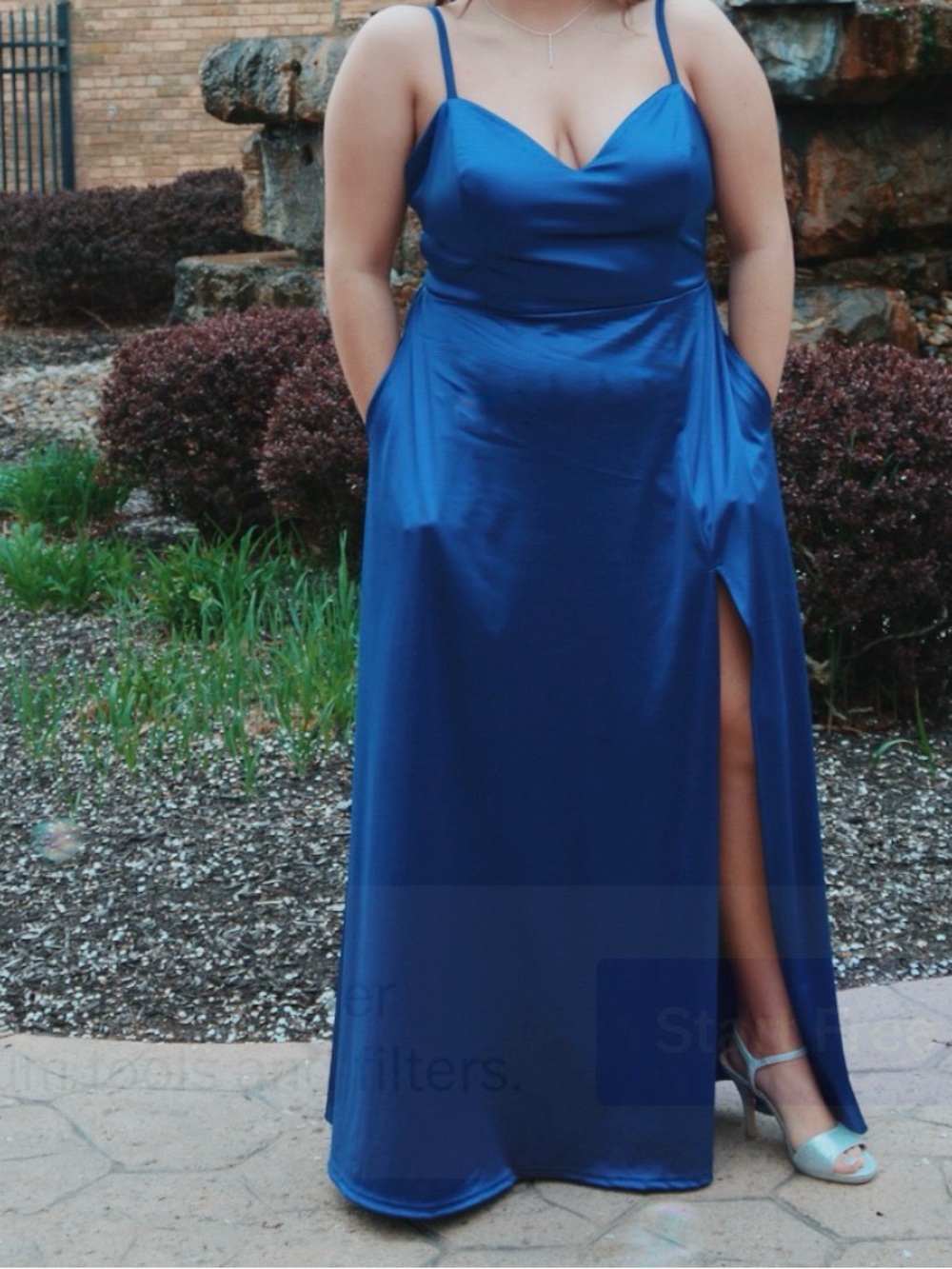 Blue Satin Open-Back Prom Dress
